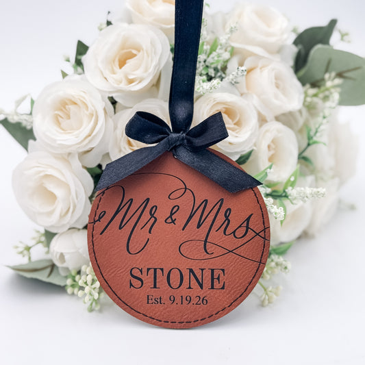 Personalized Mr & Mrs Wedding Ornament | Custom Round Leatherette Keepsake | Wedding Gift & Decore