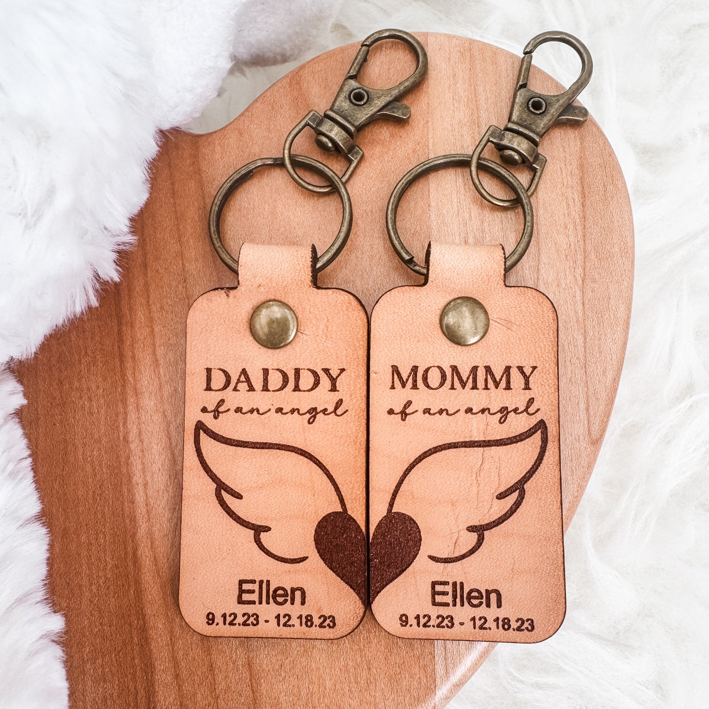 Mommy & Daddy of an Angel Leather Keychain β Personalized Memorial Keychain (Sold Individually or as a Set)