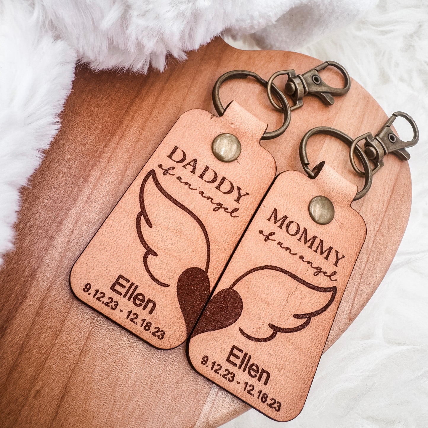 Mommy & Daddy of an Angel Leather Keychain β Personalized Memorial Keychain (Sold Individually or as a Set)