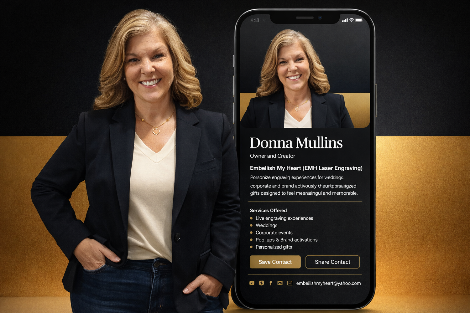 Professional branding image of Donna Mullins, owner of Embellish My Heart Laser Engraving, standing beside a digital business card showcasing live on-site engraving services for weddings, corporate events, and brand activations.