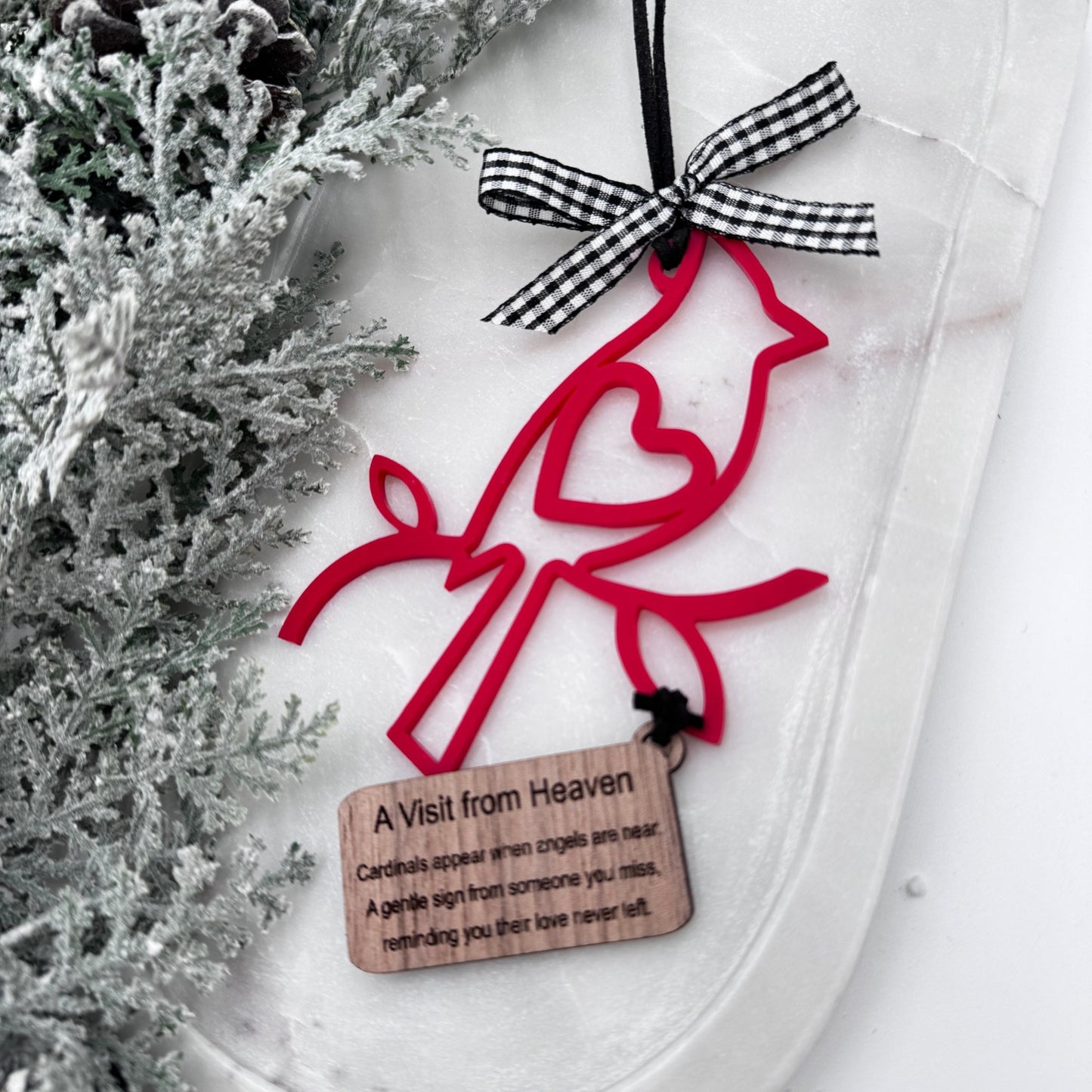 Cardinal Memorial Ornament – “A Visit from Heaven” Acrylic Ornament with Engraved Wooden Tag | Remembrance Christmas Keepsake Gift - Embellish My Heart