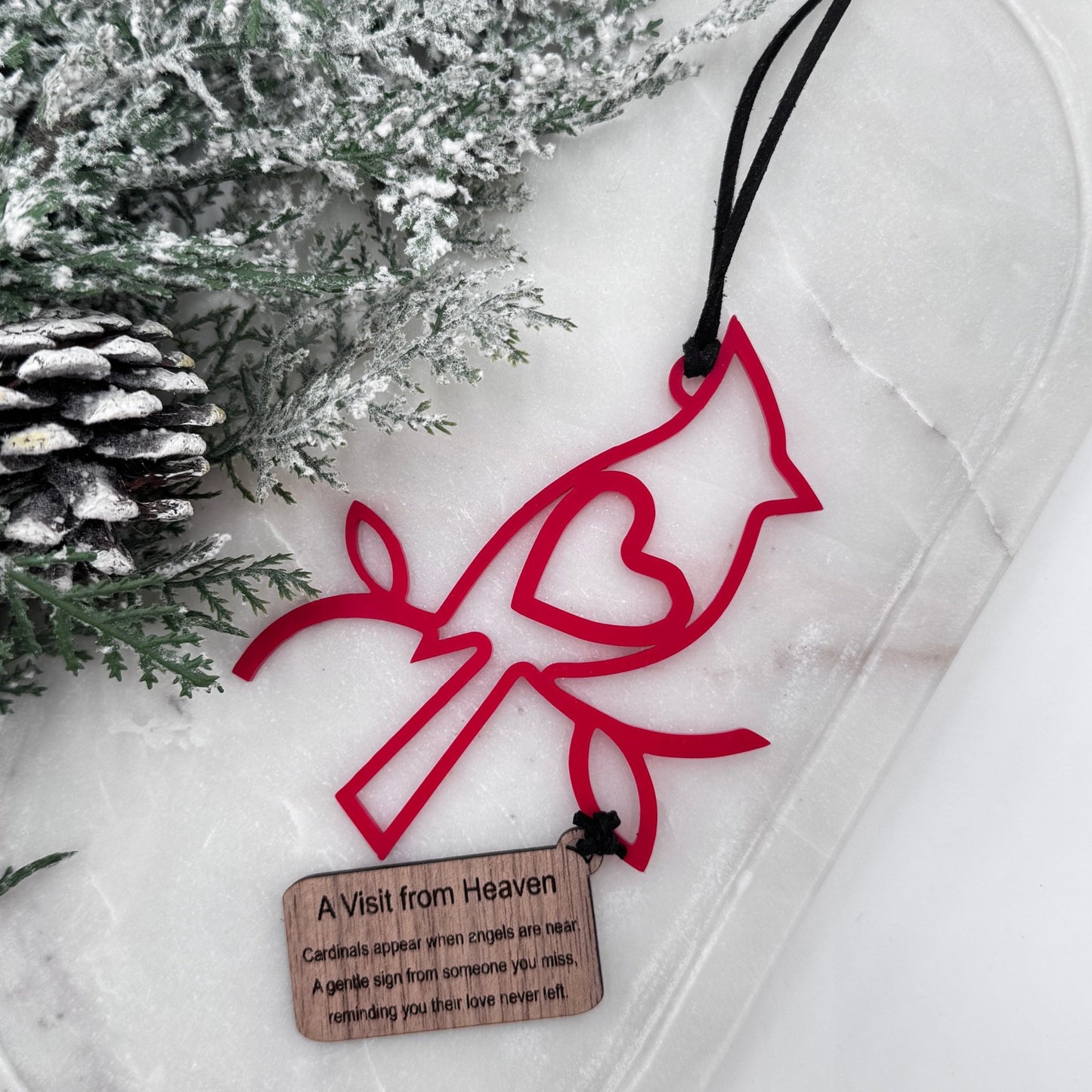 Cardinal Memorial Ornament – “A Visit from Heaven” Acrylic Ornament with Engraved Wooden Tag | Remembrance Christmas Keepsake Gift - Embellish My Heart