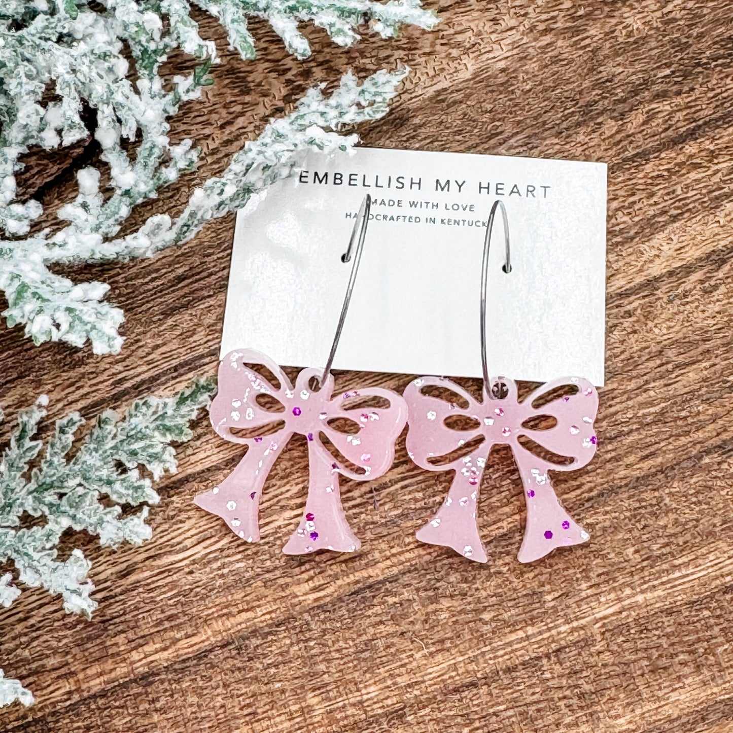 Glittery Pink Bow Hoop Earrings - Embellish My Heart