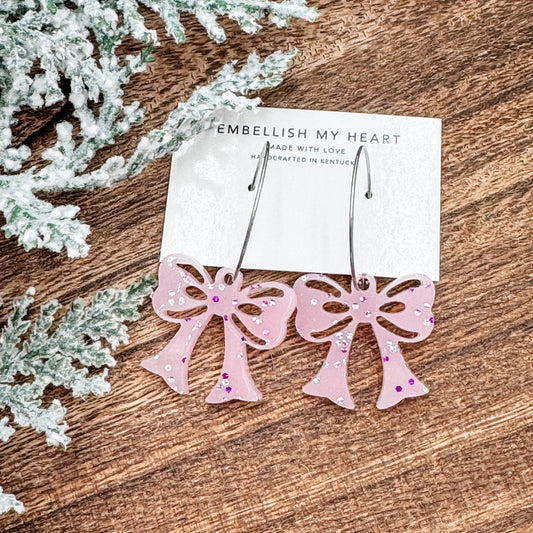 Glittery Pink Bow Hoop Earrings - Embellish My Heart
