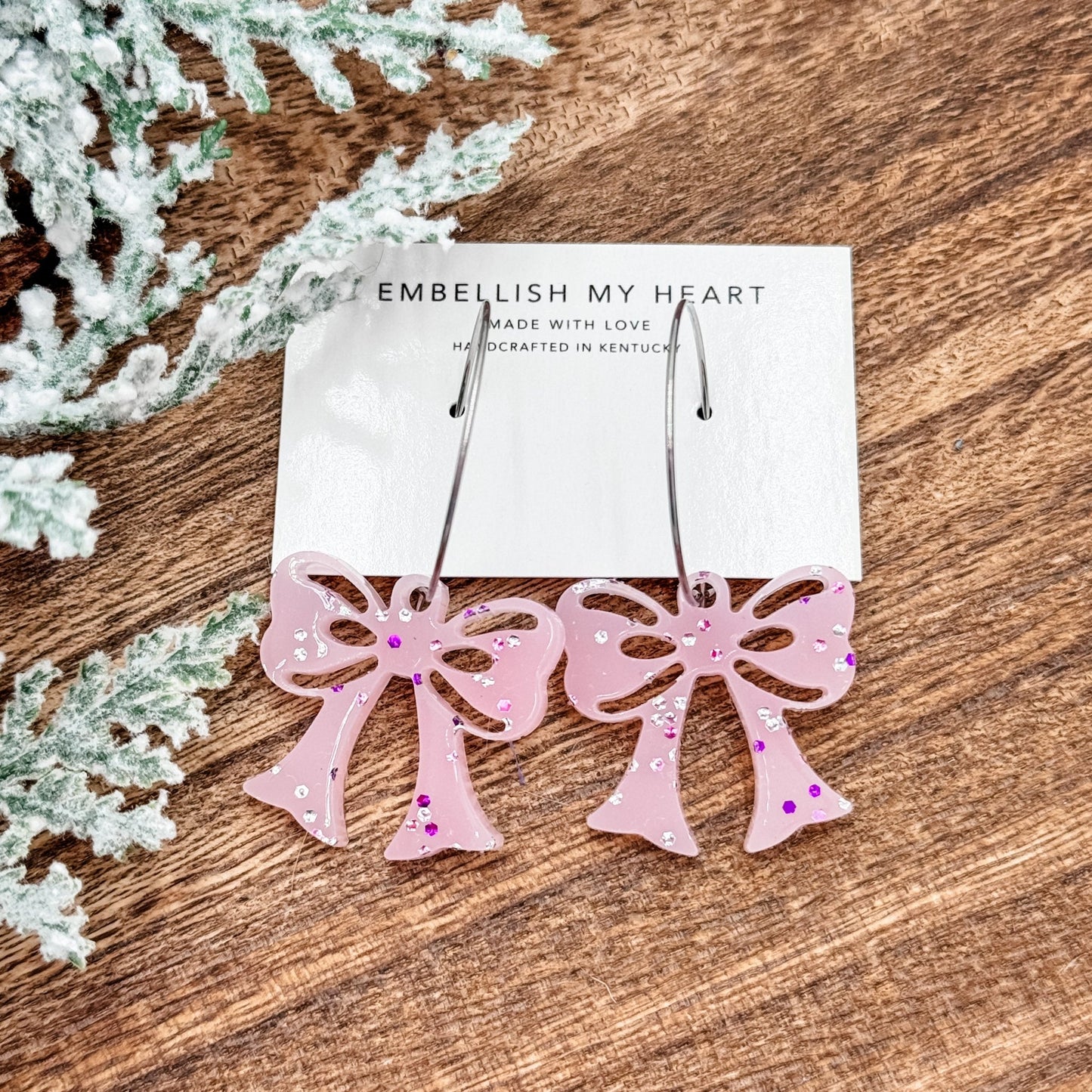 Glittery Pink Bow Hoop Earrings - Embellish My Heart