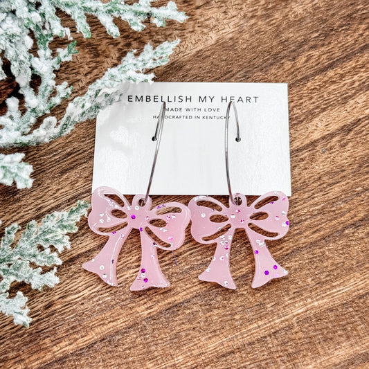 Glittery Pink Bow Hoop Earrings - Embellish My Heart