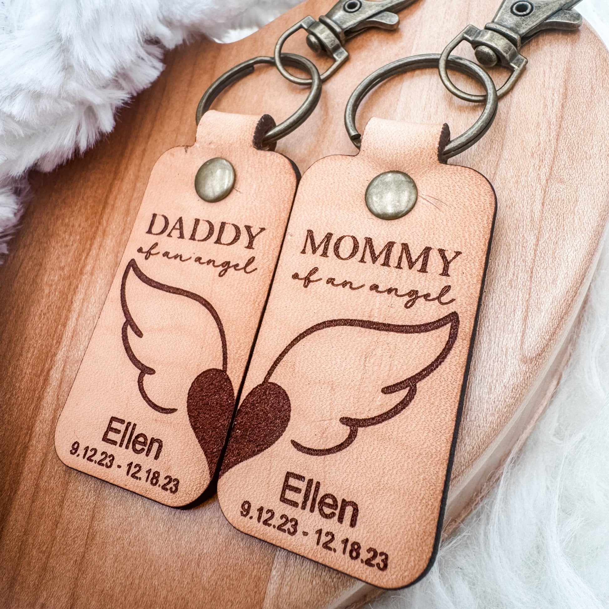 Mommy & Daddy of an Angel Leather Keychain β Personalized Memorial Keychain (Sold Individually or as a Set) - Embellish My Heart