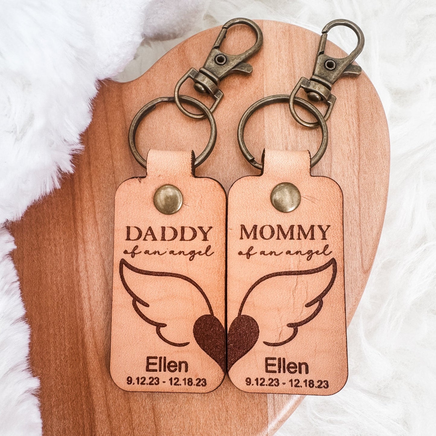 Mommy & Daddy of an Angel Leather Keychain β Personalized Memorial Keychain (Sold Individually or as a Set) - Embellish My Heart