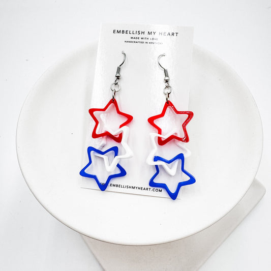 Red White and Blue Interlocking Star Earrings – Patriotic Lightweight Cutout Dangle Earrings for 4th of July, Memorial Day, USA Pride - Embellish My Heart