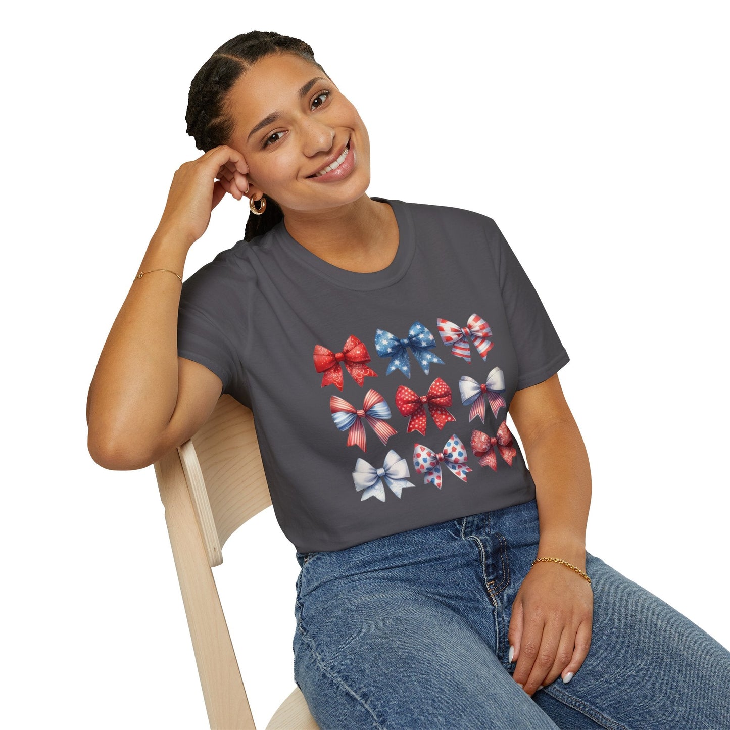 Red White Blue Bow Unisex T-Shirt, Patriotic Tee, American Flag Shirt, Fourth of July Top, Memorial Day Clothing - Embellish My Heart