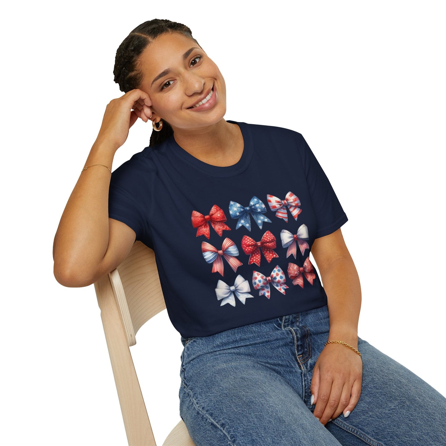 Red White Blue Bow Unisex T-Shirt, Patriotic Tee, American Flag Shirt, Fourth of July Top, Memorial Day Clothing - Embellish My Heart