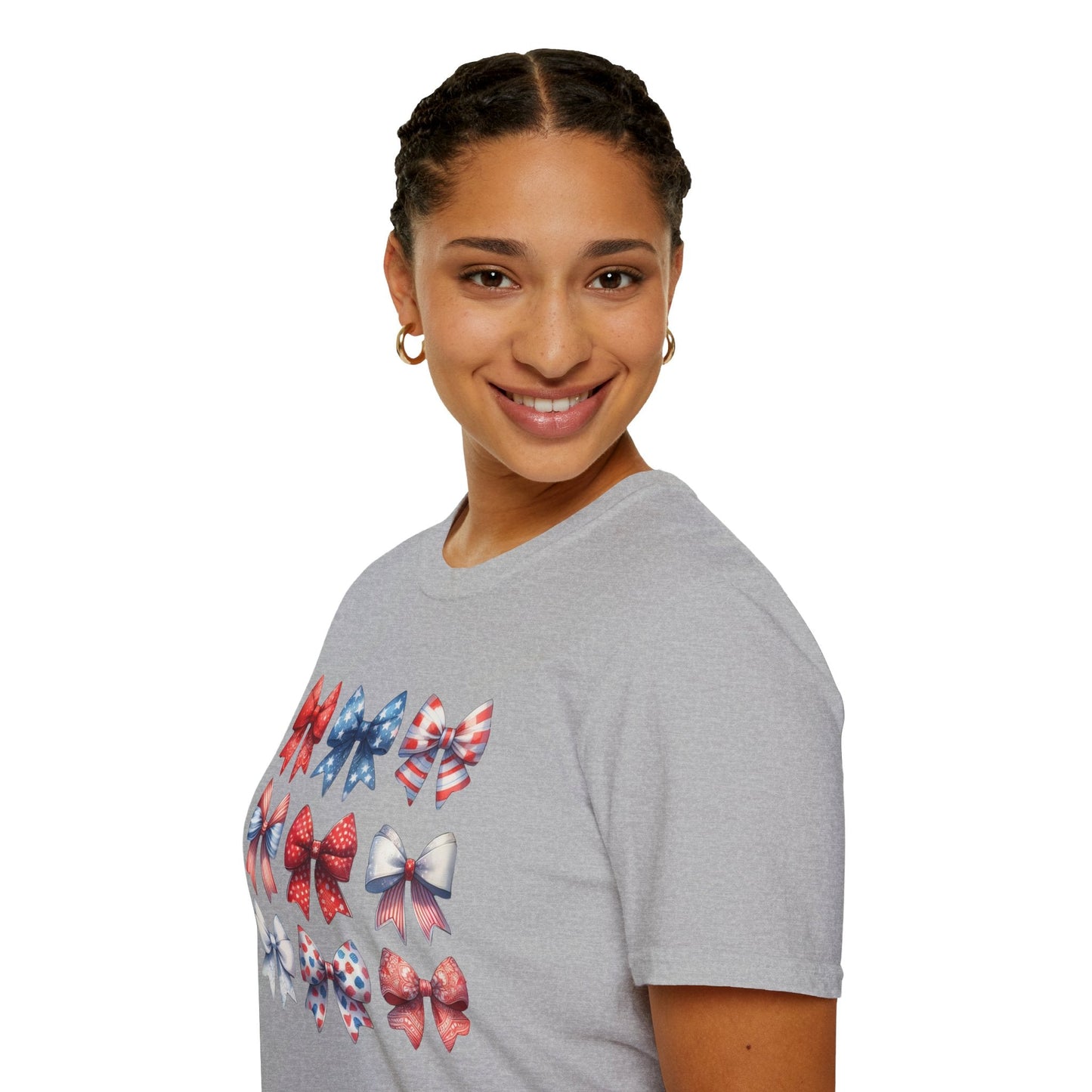 Red White Blue Bow Unisex T-Shirt, Patriotic Tee, American Flag Shirt, Fourth of July Top, Memorial Day Clothing - Embellish My Heart