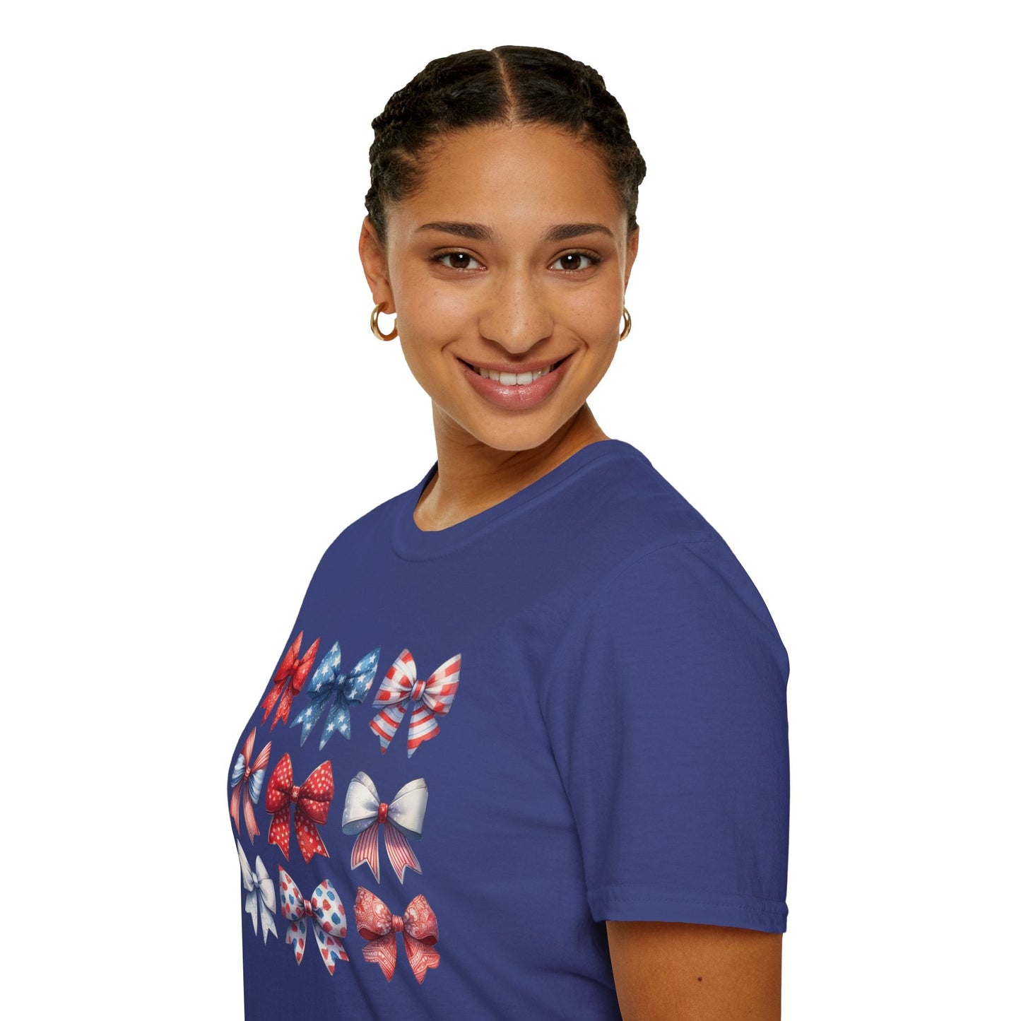 Red White Blue Bow Unisex T-Shirt, Patriotic Tee, American Flag Shirt, Fourth of July Top, Memorial Day Clothing - Embellish My Heart
