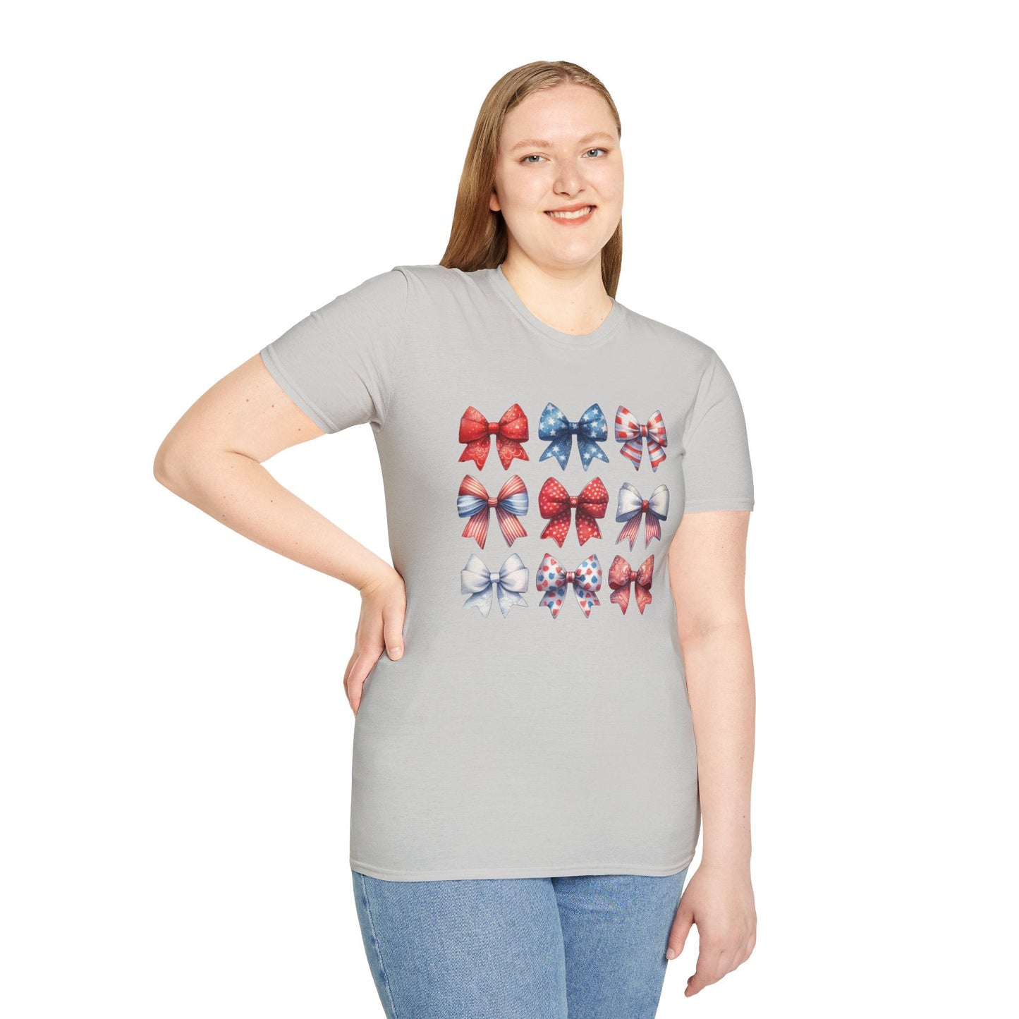 Red White Blue Bow Unisex T-Shirt, Patriotic Tee, American Flag Shirt, Fourth of July Top, Memorial Day Clothing - Embellish My Heart