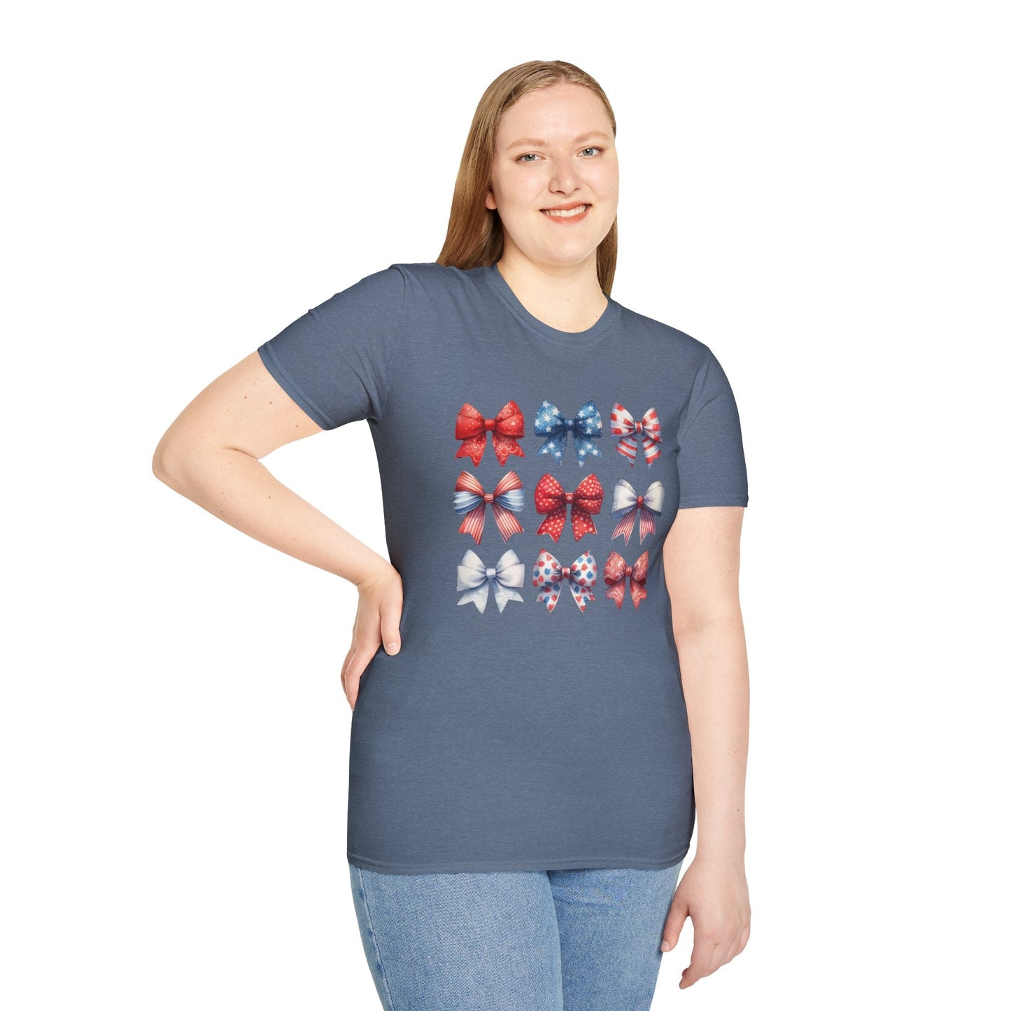 Red White Blue Bow Unisex T-Shirt, Patriotic Tee, American Flag Shirt, Fourth of July Top, Memorial Day Clothing - Embellish My Heart