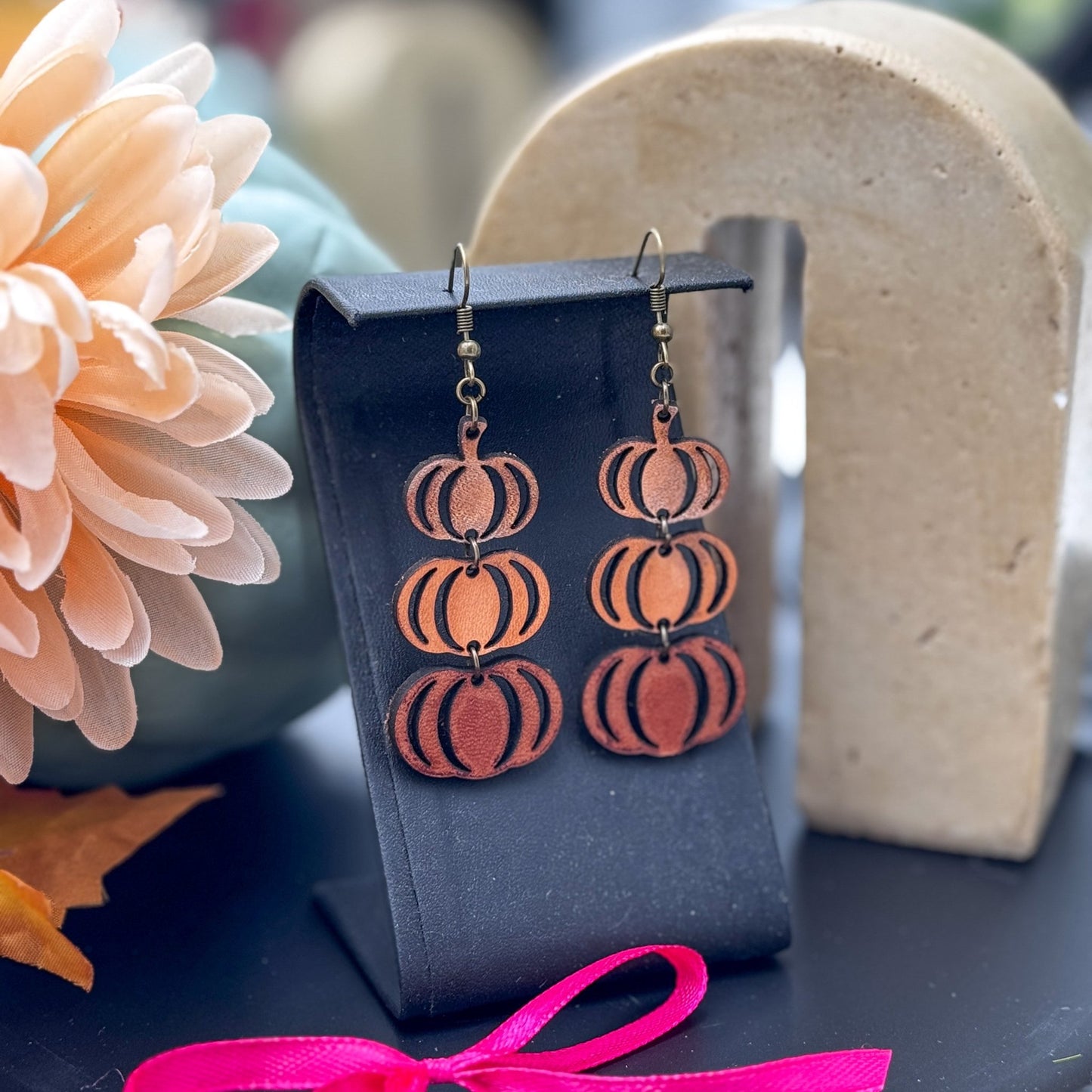 Stackable Pumpkin 3 Pumpkin Dangle Leather Earrings - Embellish My Heart