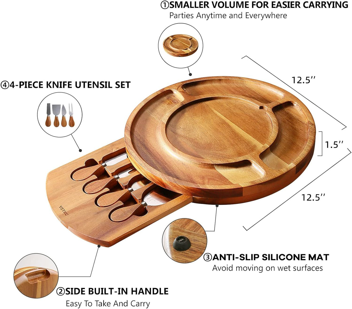Charcuterie Board Set, Charcuterie Board Set, Acacia Wood Round Cheese Board and Knife Set, Portable Cheese Platter and Serving Tray, Ideal Gift for Housewarming, Party, Wedding Anniversary - Embellish My Heart