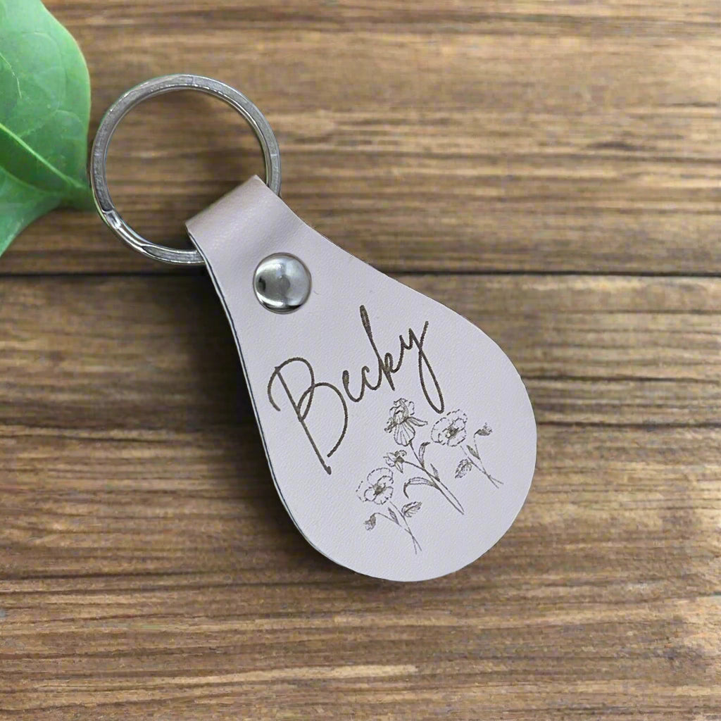 Custom Keychains - Engraved Beige Faux Leather Teardrop Keychain - Embellish My Heart