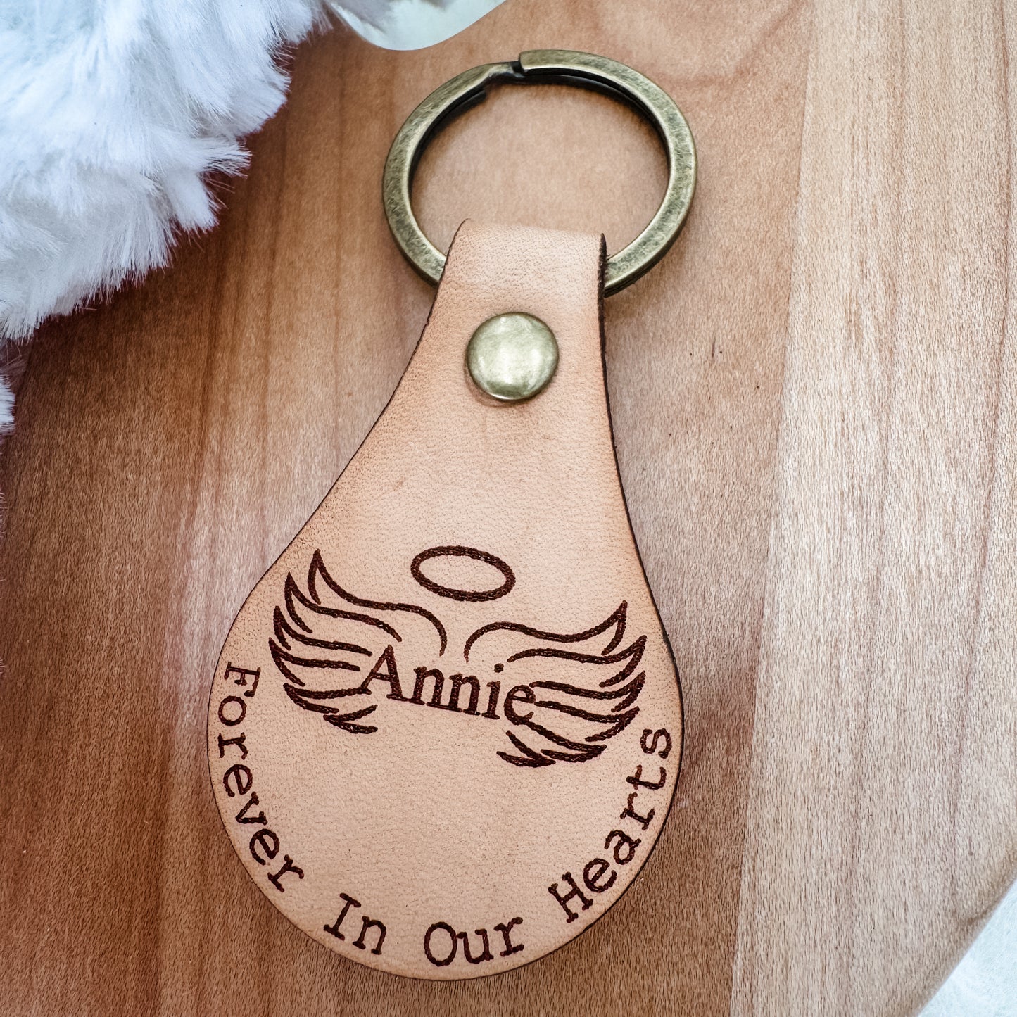Forever In Our Hearts Keychain – Personalized Memorial Keychain with Angel Wings (Genuine Leather)