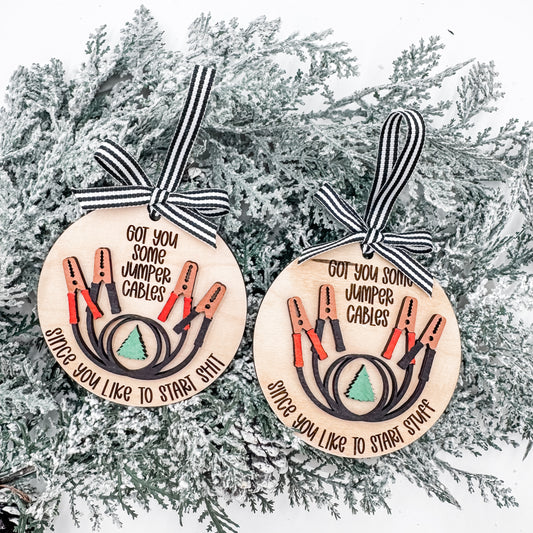 Funny Jumper Cable Christmas Ornament – “Since You Like to Start Sh*t / Start Stuff” – Handmade Holiday Gift for Friends, Siblings, or Coworkers