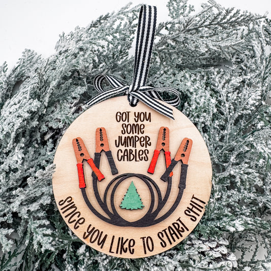 Funny Jumper Cable Christmas Ornament – “Since You Like to Start Sh*t / Start Stuff” – Handmade Holiday Gift for Friends, Siblings, or Coworkers