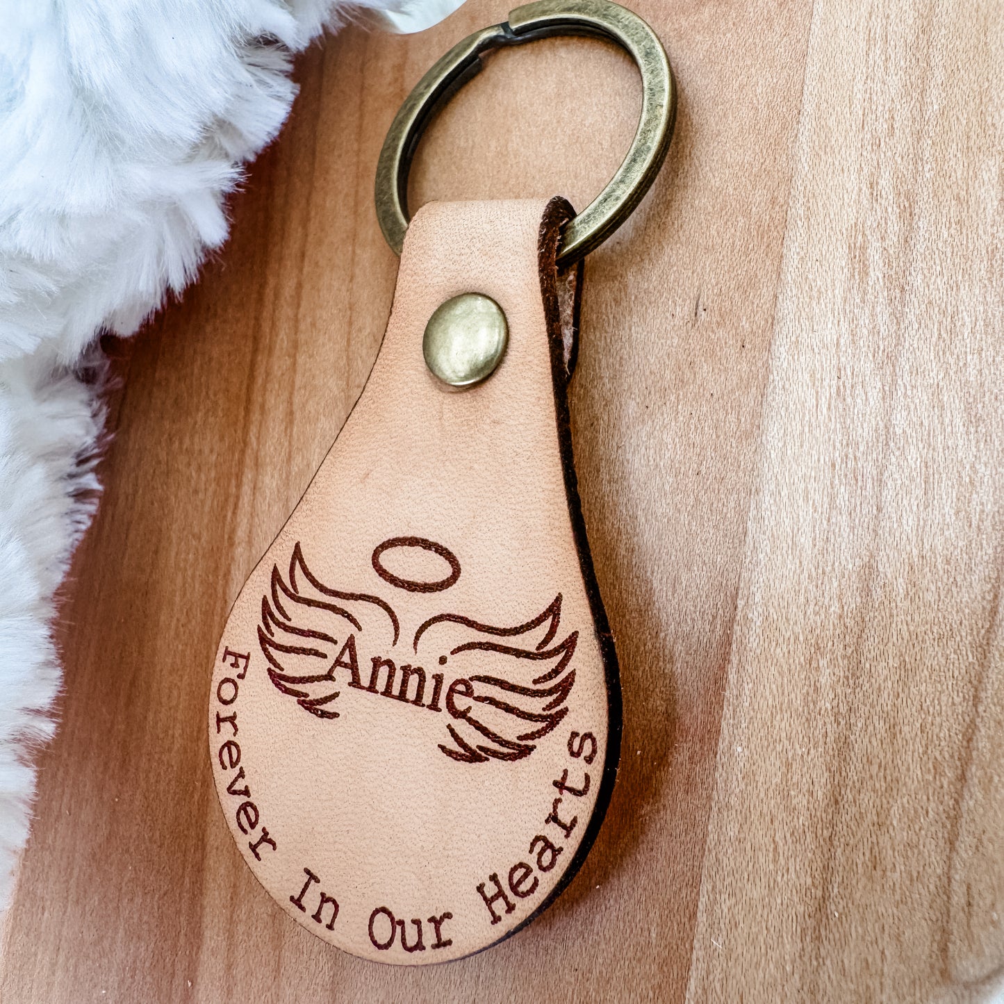 Forever In Our Hearts Keychain – Personalized Memorial Keychain with Angel Wings (Genuine Leather)