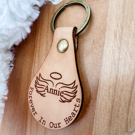 Forever In Our Hearts Keychain – Personalized Memorial Keychain with Angel Wings (Genuine Leather)