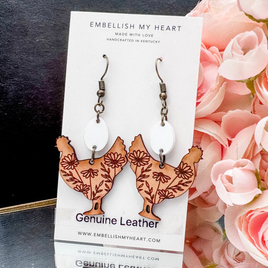 The Daisy Hen – Genuine Leather Chicken Earrings with Floral Design & Egg Topper