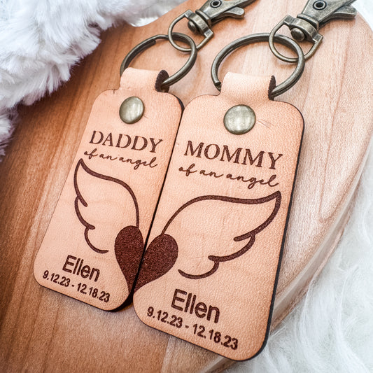 Mommy & Daddy of an Angel Leather Keychain – Personalized Memorial Keychain (Sold Individually or as a Set)