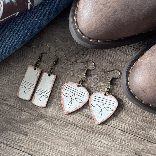Western Leather Earrings – 2 Styles | Genuine Leather Cowgirl Earrings | Stitched Boot Design | Lightweight + Hypoallergenic Jewelry