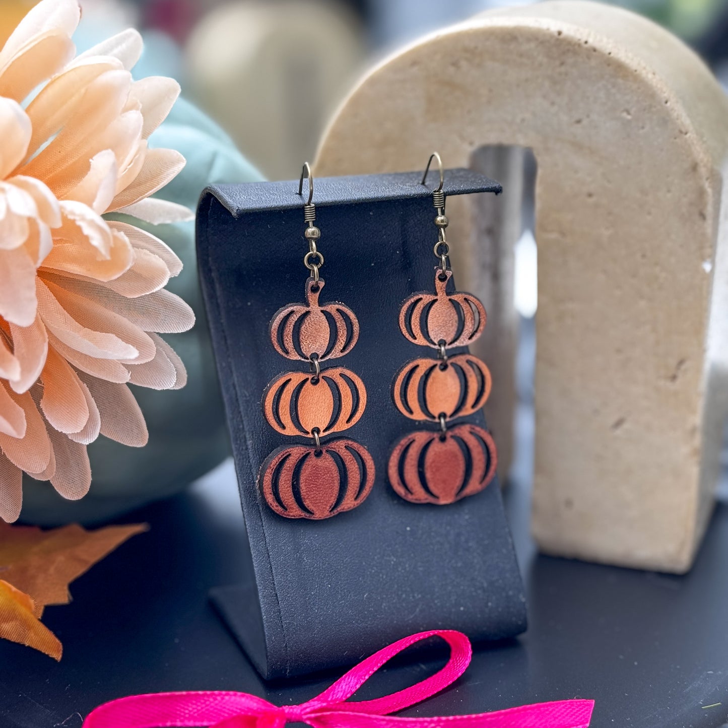 Stackable Pumpkin 3 Pumpkin Dangle Leather Earrings