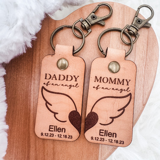 Mommy & Daddy of an Angel Leather Keychain – Personalized Memorial Keychain (Sold Individually or as a Set)