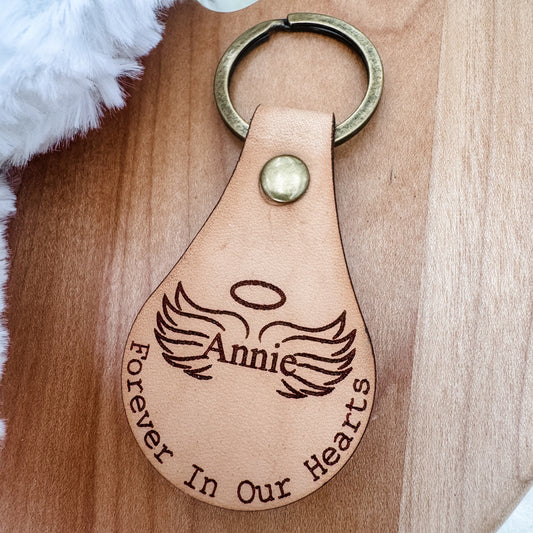 Forever In Our Hearts Keychain – Personalized Memorial Keychain with Angel Wings (Genuine Leather)