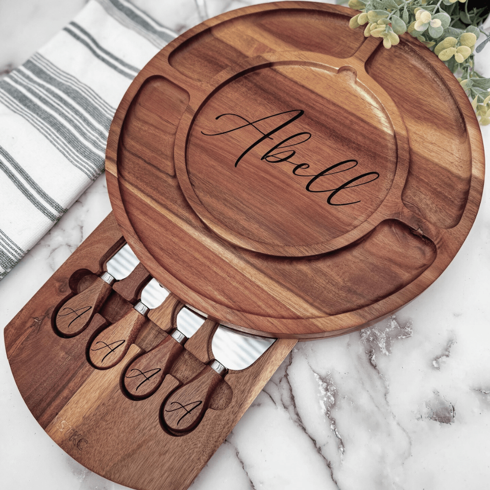Acacia Wood Charcuterie Board Set | Engraved Round Cheese Board with Knives | Housewarming or Wedding Gift - Embellish My Heart