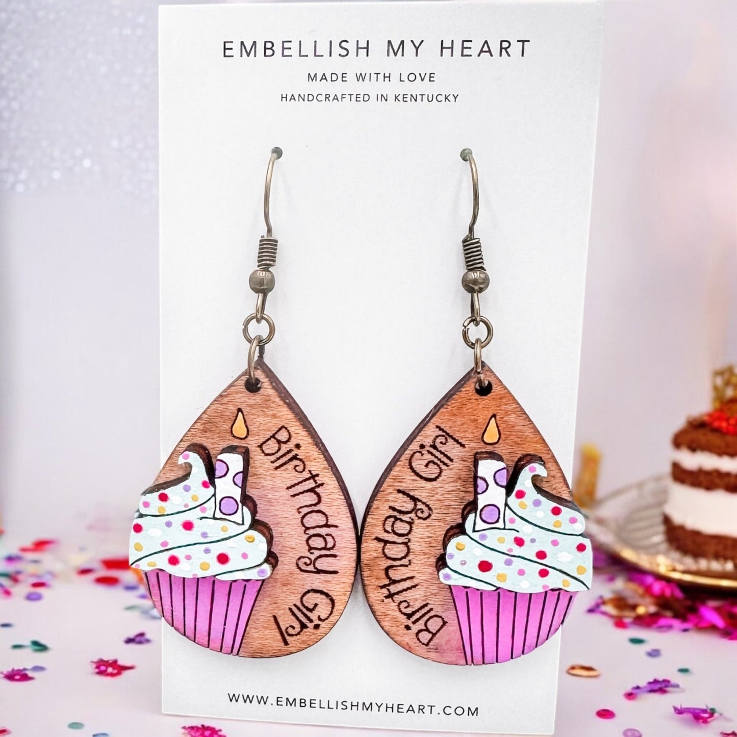 Birthday Girl Teardrop Earrings – Hand - Painted 3D Cupcake Design with Engraving - Embellish My Heart