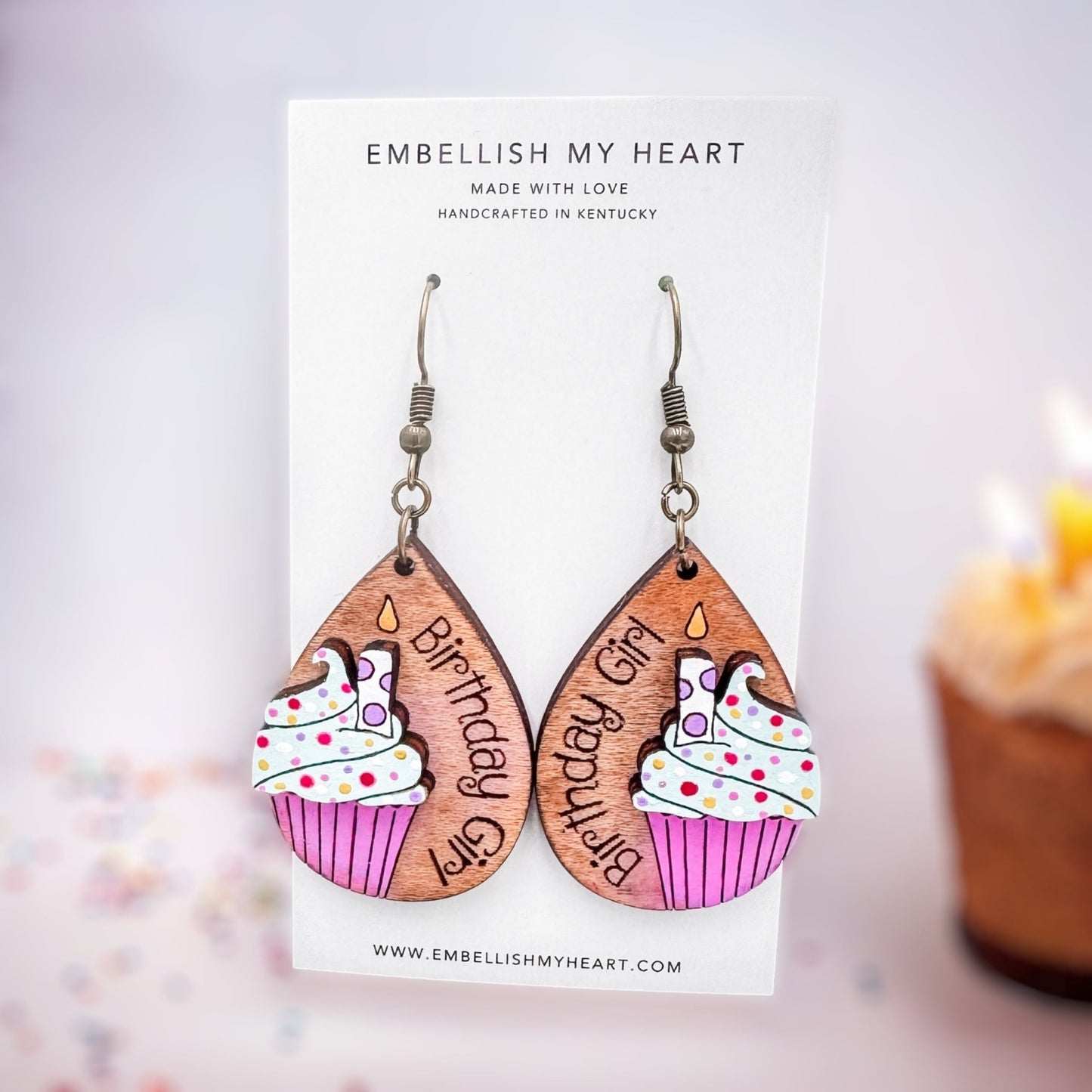 Birthday Girl Teardrop Earrings – Hand - Painted 3D Cupcake Design with Engraving - Embellish My Heart