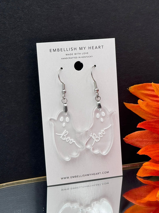 “Boo” Clear Acrylic Ghost Earrings - Embellish My Heart