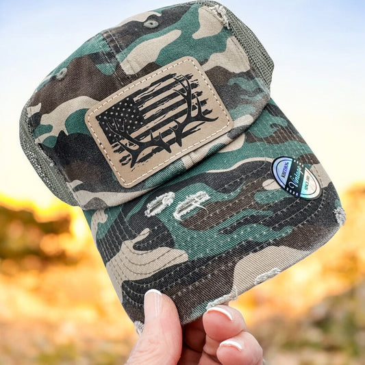 Camo Hunting Baseball Cap Hat American Flag Deer Antlers - Embellish My Heart