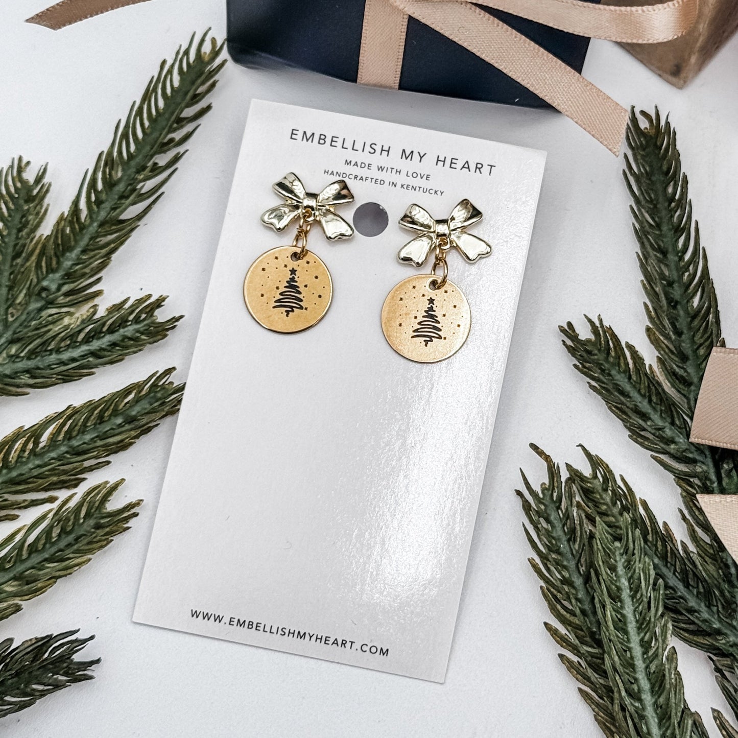 Christmas Tree Earrings | Gold Bow Studs | Holiday Earrings for Women | Cute Christmas Jewelry Gift - Embellish My Heart