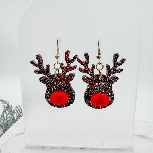 Glitter Reindeer Earrings with Red Nose – Festive Holiday Jewelry - Embellish My Heart