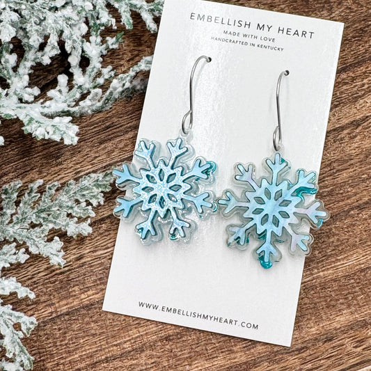 Iridescent Snowflake Earrings – Glittery Winter Jewelry - Embellish My Heart