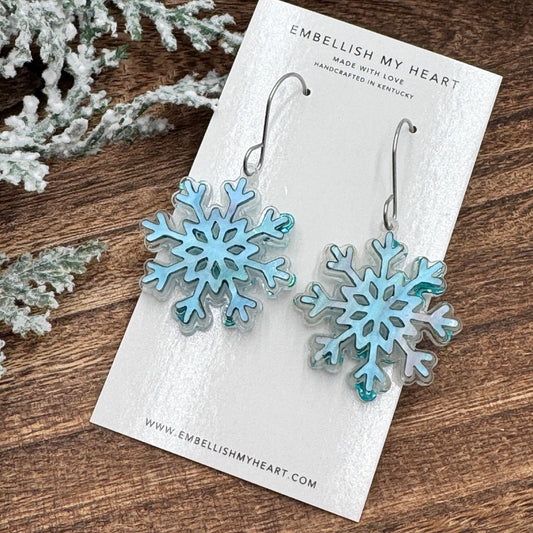 Iridescent Snowflake Earrings – Glittery Winter Jewelry - Embellish My Heart