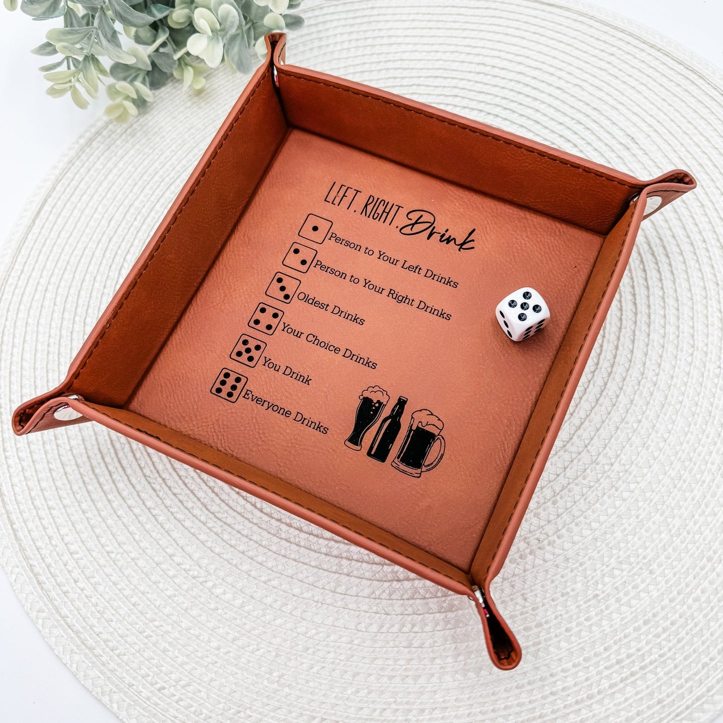 Left Right Drink – Engraved Leather Dice Game with Snap - Up Valet Tray - Embellish My Heart