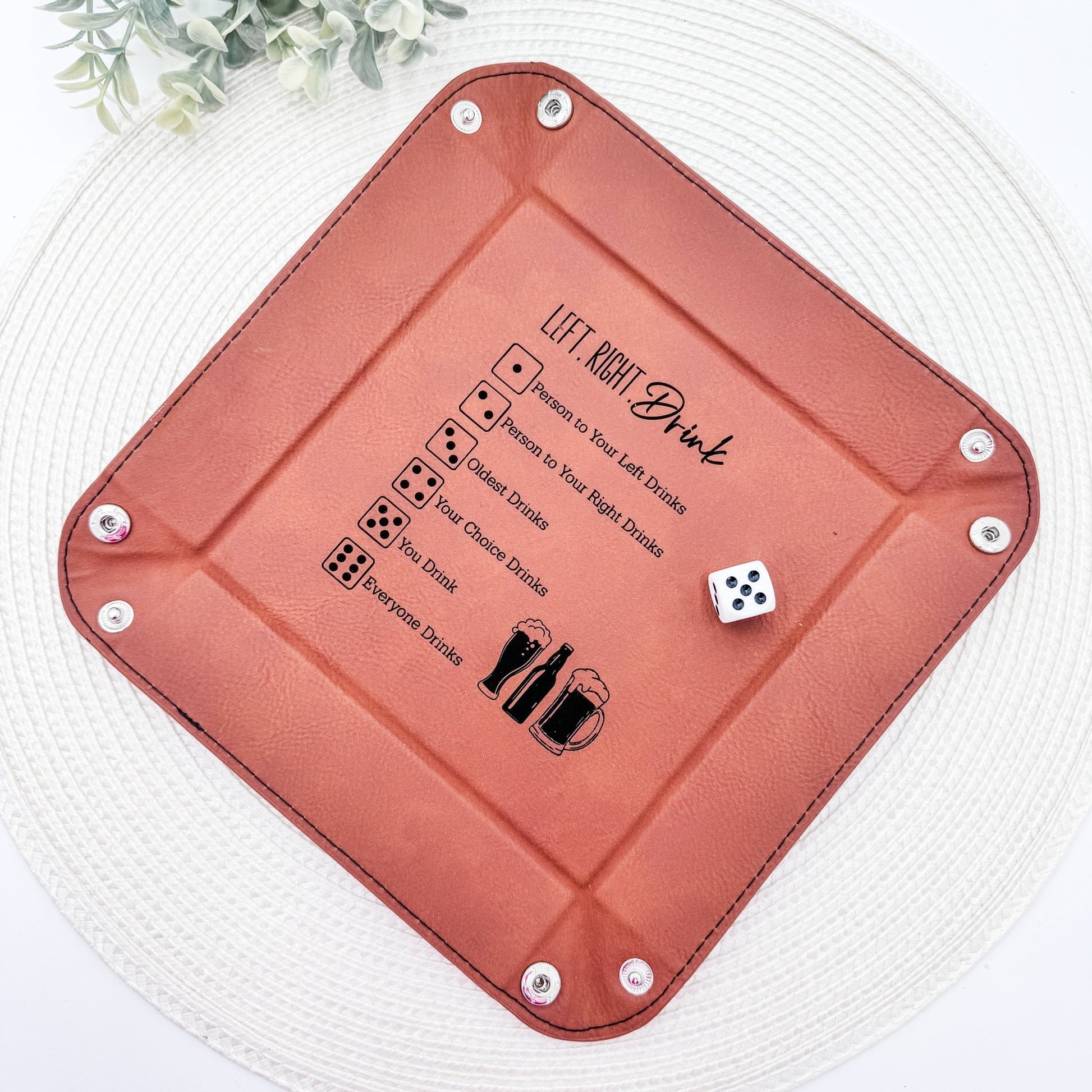 Left Right Drink – Engraved Leather Dice Game with Snap - Up Valet Tray - Embellish My Heart