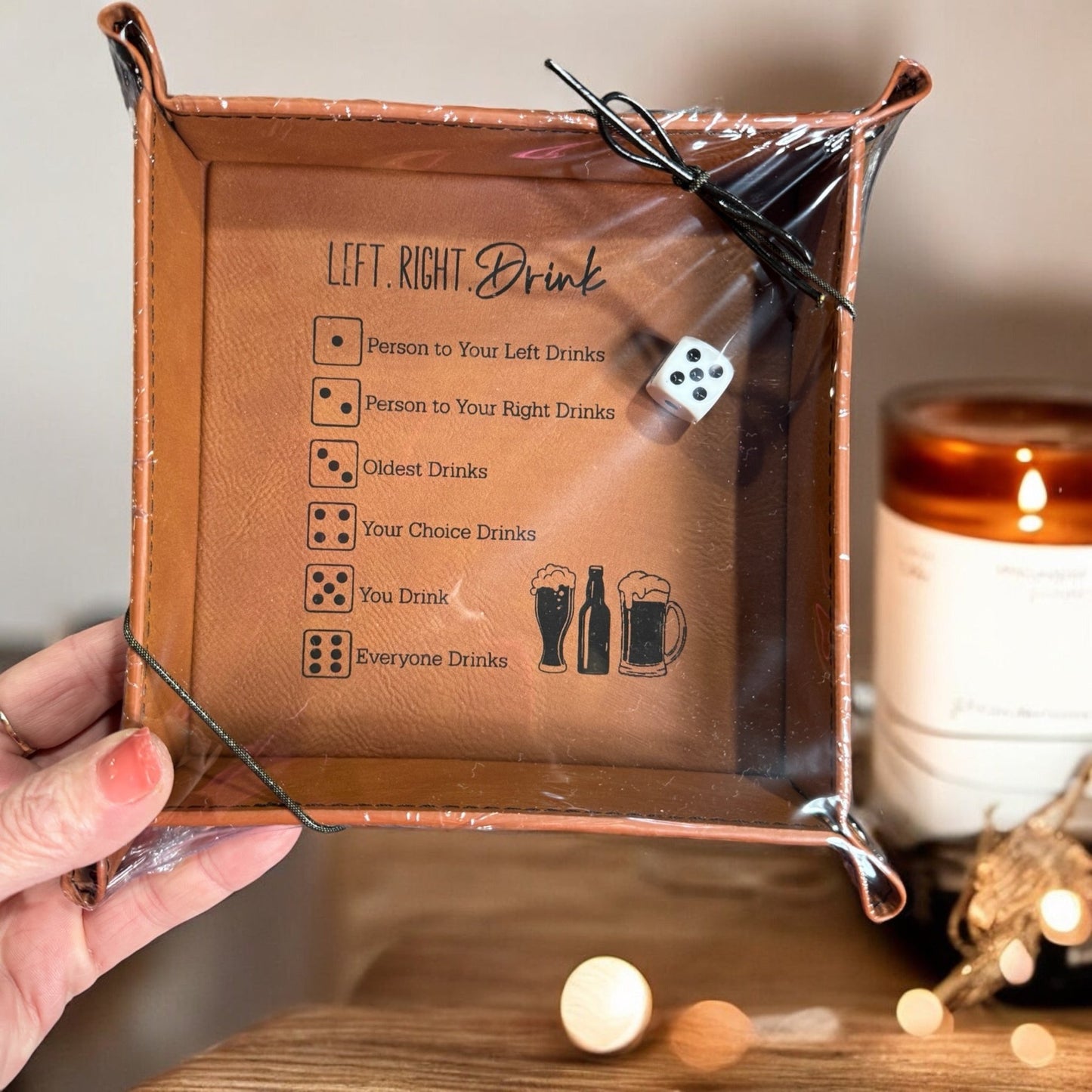 Left Right Drink – Engraved Leather Dice Game with Snap - Up Valet Tray - Embellish My Heart