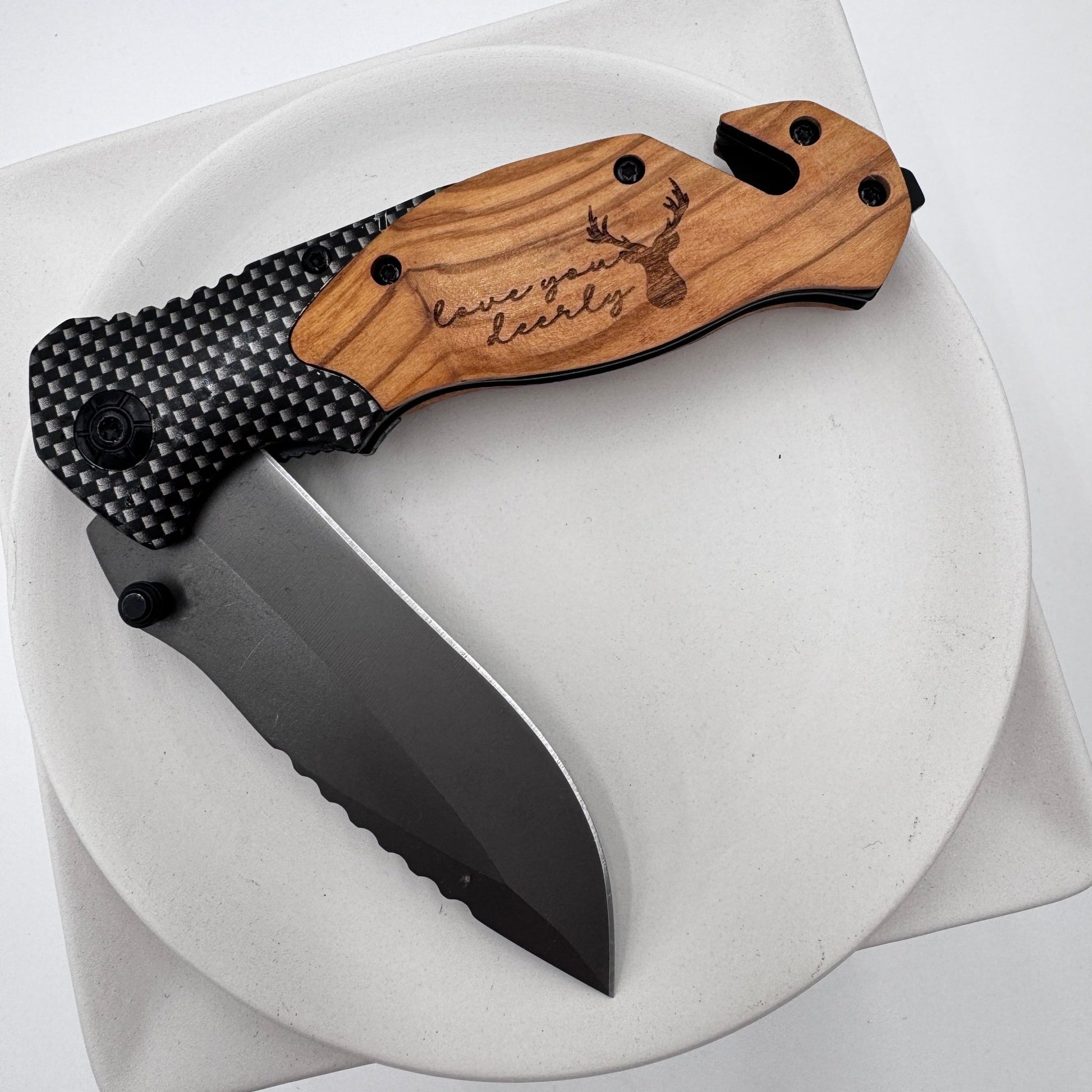 Olive Wood Pocket Knife with Emergency Tools – Engravable, Multi - Functional Folding Knife - Embellish My Heart