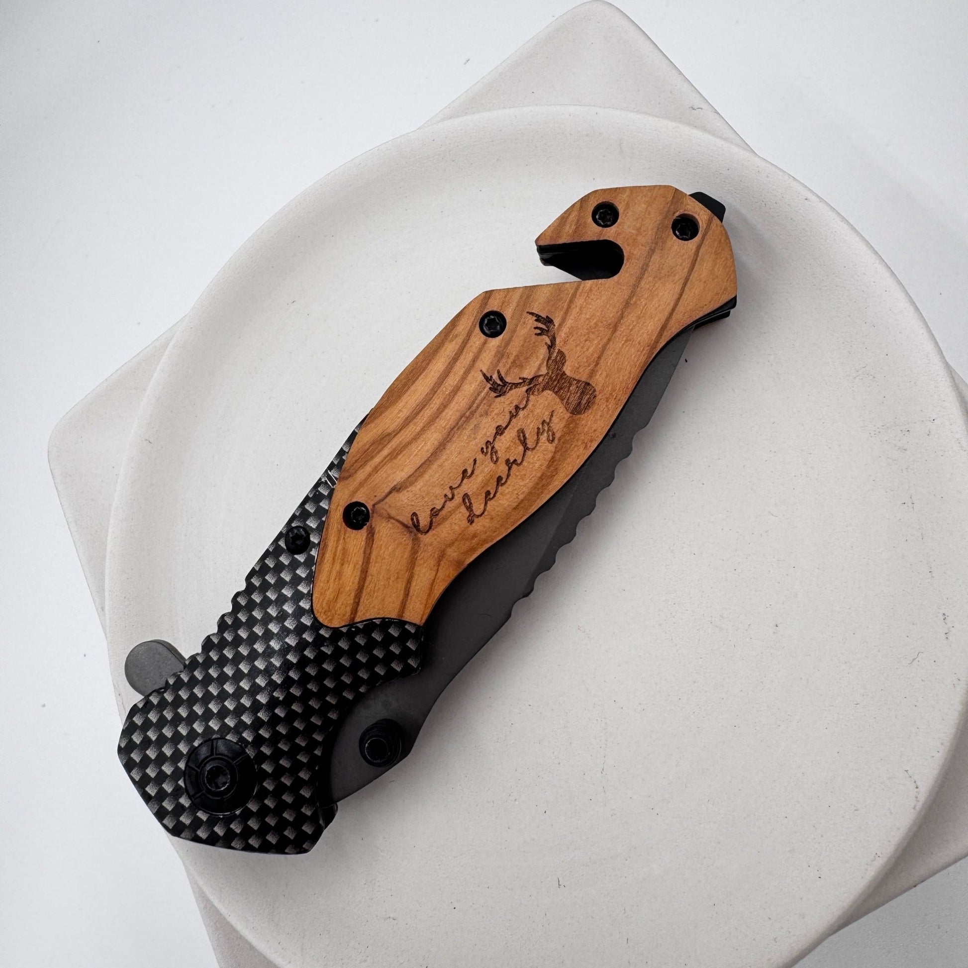 Olive Wood Pocket Knife with Emergency Tools – Engravable, Multi - Functional Folding Knife - Embellish My Heart