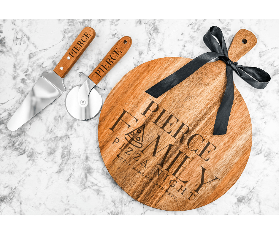 Personalized Family Pizza Night Board Set | Custom Engraved 12x16 Wood Serving Board with Utensils | Gift Ready - Embellish My Heart