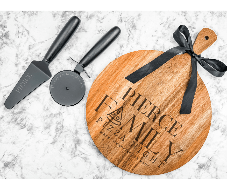 Personalized Family Pizza Night Board Set | Custom Engraved 12x16 Wood Serving Board with Utensils | Gift Ready - Embellish My Heart