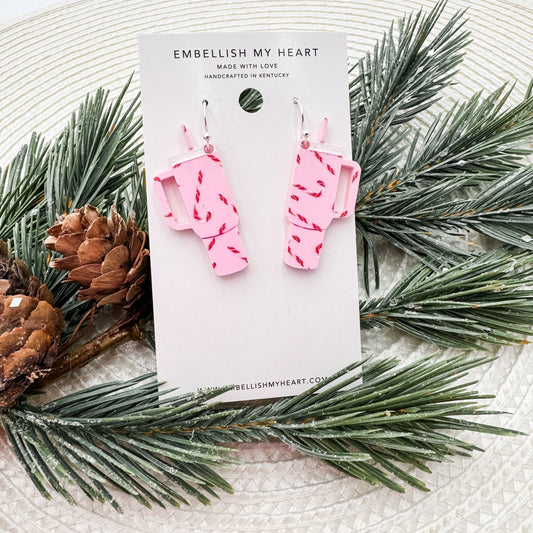 Pink Candy Cane Mini Tumbler Cup Earrings - Embellish My Heart